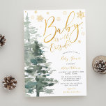Winter Forest Guld Det är Kallet utanför babyskabu Inbjudningar<br><div class="desc">Ett baby är på väg och det är kall utanför! Kasta en underbar vintertemavusdusch med den här anpassningsbarnas inbjudan. Design har ett modernt calligraphy-skriptteckensnitt,  snöflingor och vattenfärgsskog i träd. Anpassa enkelt det här inbjudan med hjälp av online-mallen verktyg. INTE GOLD FOIL</div>