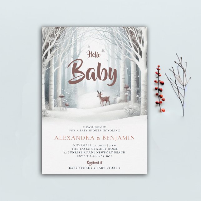 Winter Forest Hjort Coed Gender Neutral Baby Showe Inbjudningar (winter baby shower invitation neutral white wonderland enchanted forest woodland deer cute coed chic)