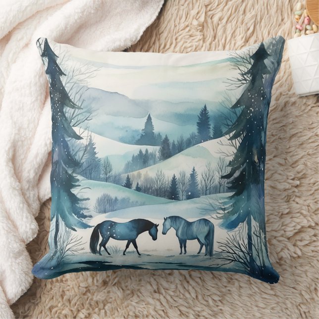 Winter Forest Horses Festive Equestrian Kudde (Filt)