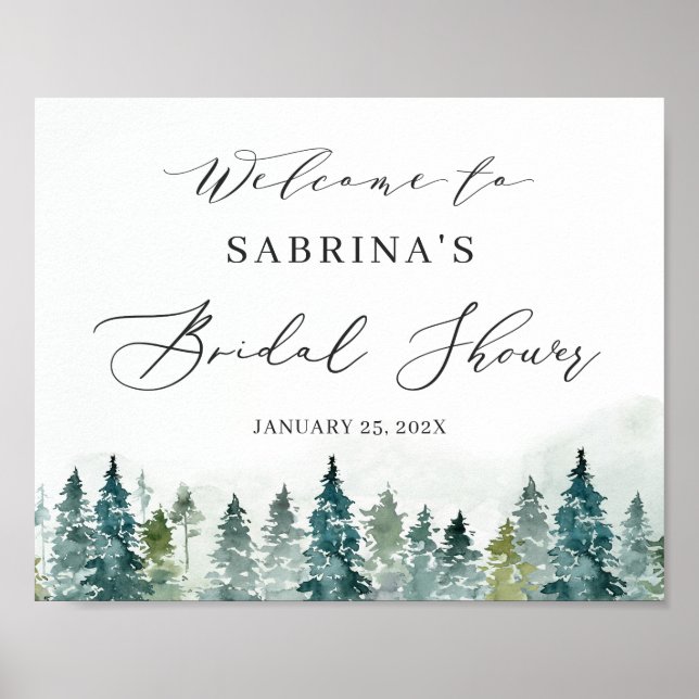Winter Forest Pine Trees Bridal Shower Sign Poster (Framsidan)