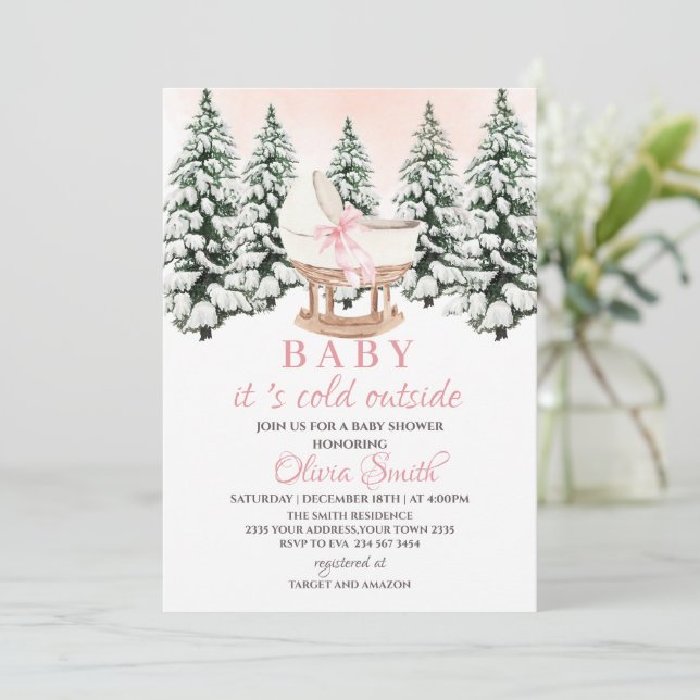 Winter Forest Pink It's Cold Outside Baby Shower Inbjudningar (Stående Fram)
