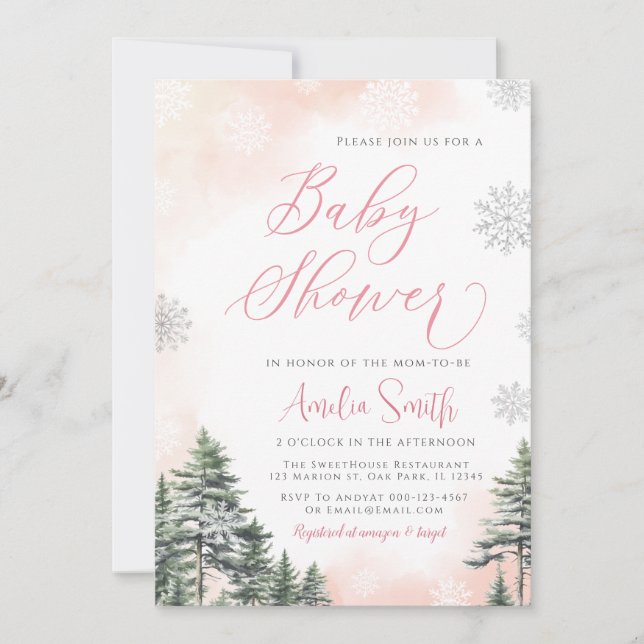 Winter Forest Rosa Girl Baby Shower Inbjudningar (Framsida)