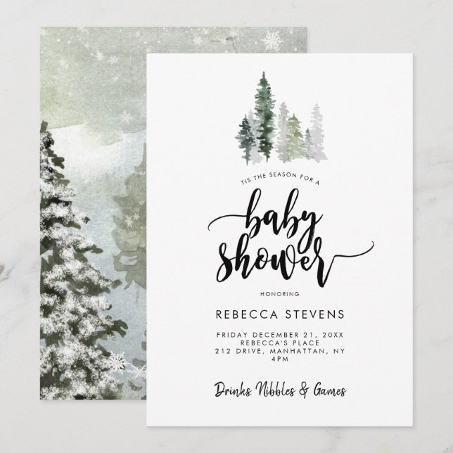winter forest rustic baby shower invitation inbjudningar (Fram/baksida)