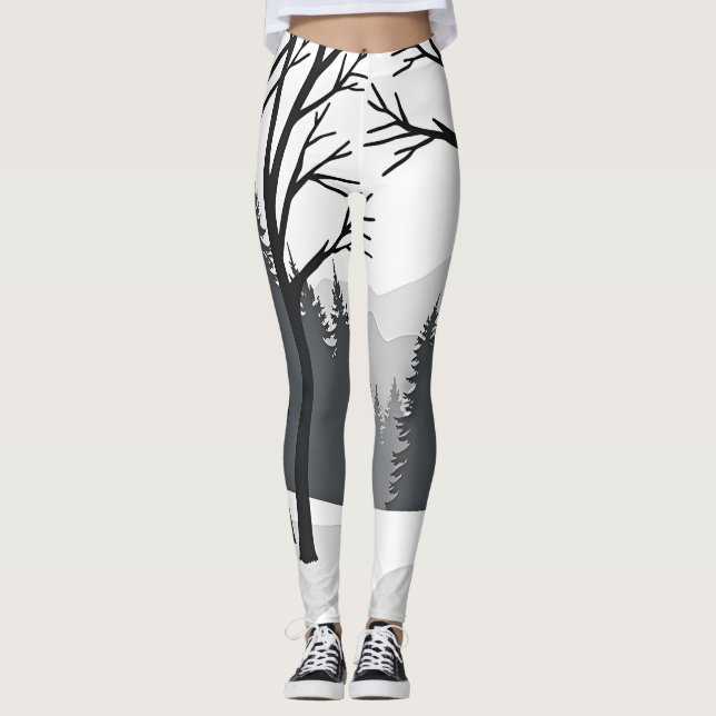 Winter Forest Silhouette i Black and White Leggings (Framsida)