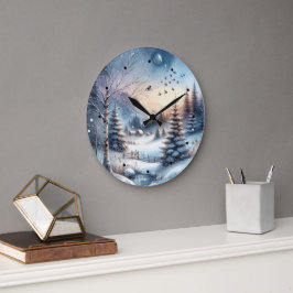 Winter Forest Snö House Träd Blue Pond Stor Klocka