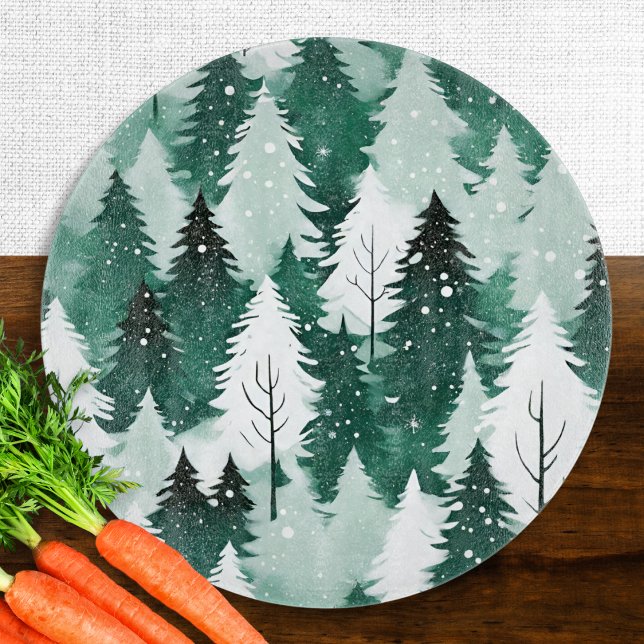 Winter Forest Snö Watercolor Evergreen Träd (A stylish glass cutting board, with winter forest snow scene in a watercolor style)