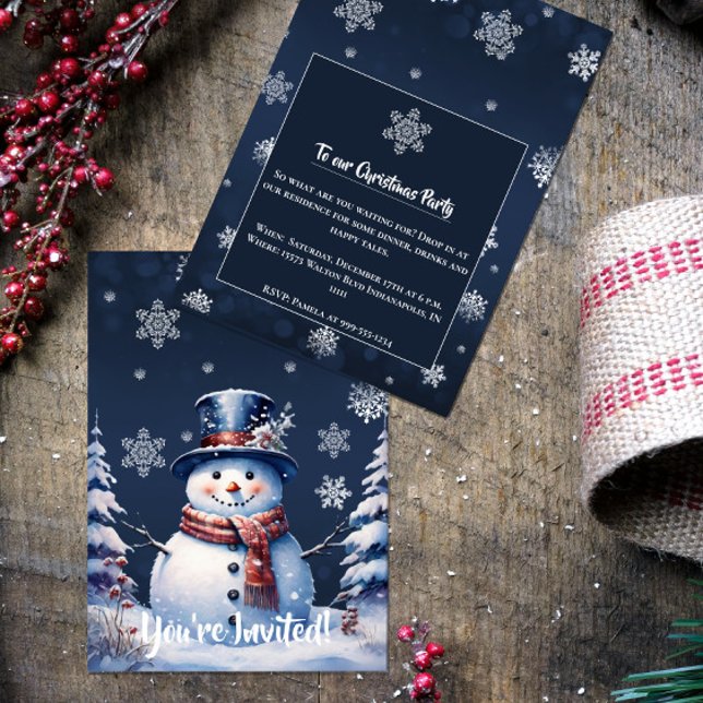 Winter Forest Snögubbe jul Party | Blå Inbjudningar (Winter Forest Snowman Christmas Party Invitation)