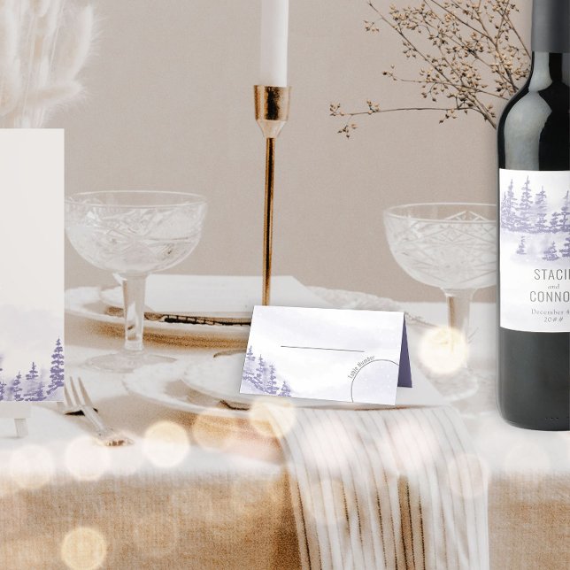 Winter Forest Watercolor Lavender Bröllop Placeringskort (Wedding Table Place Card from my Winter Forest Lavender Wedding Collection)