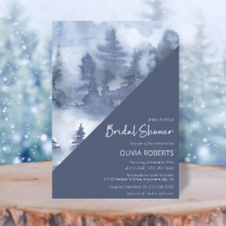 Winter Forest Watercolor Navy Blue Möhippa Inbjudningar