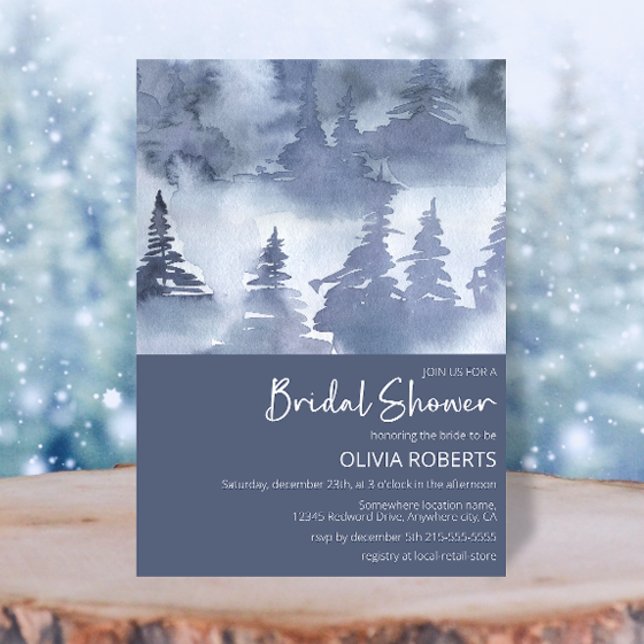Winter Forest Watercolor Navy Blue Möhippa Inbjudningar (Skapare uppladdad)
