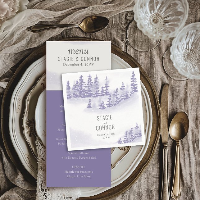 Winter Forest Watercolor Personlig Bröllop Pappersservett (Wedding Cocktail Napkins from my Winter Forest Lavender Wedding Collection)