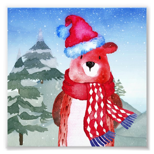 Winter Forest Woodland Friends Bear Illustration Fototryck (Framsidan)