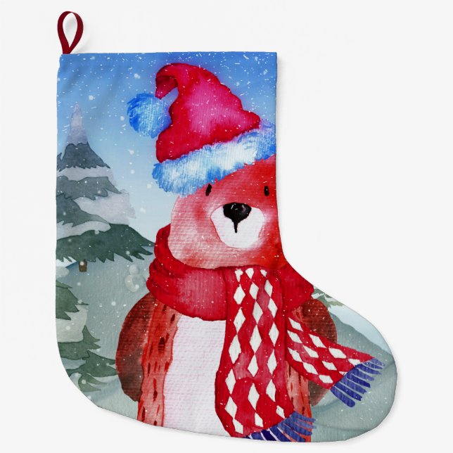 Winter Forest Woodland Friends Bear Illustration Stor Julstrumpa (Framsidan)