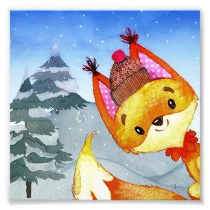 Winter Forest Woodland Friends Fox Illustration Fototryck