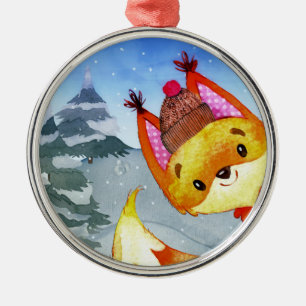 Winter Forest Woodland Friends Fox Illustration Julgransprydnad Metall
