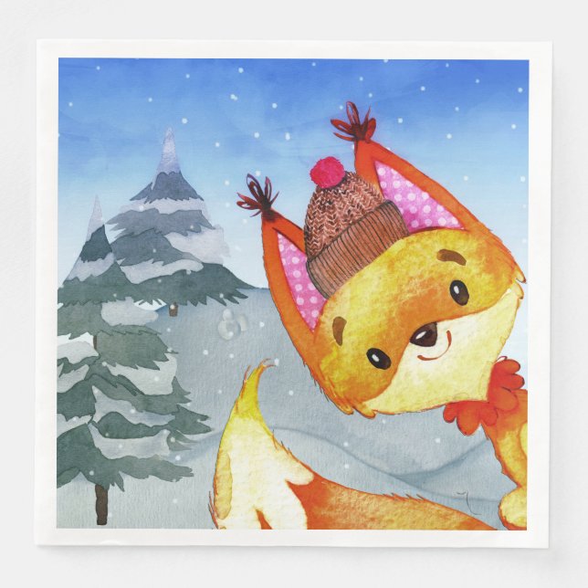 Winter Forest Woodland Friends Fox Illustration Pappersservett (Framsida)