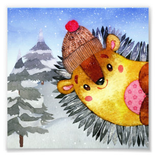Winter Forest Woodland Friends Hedgehog Teckning Fototryck