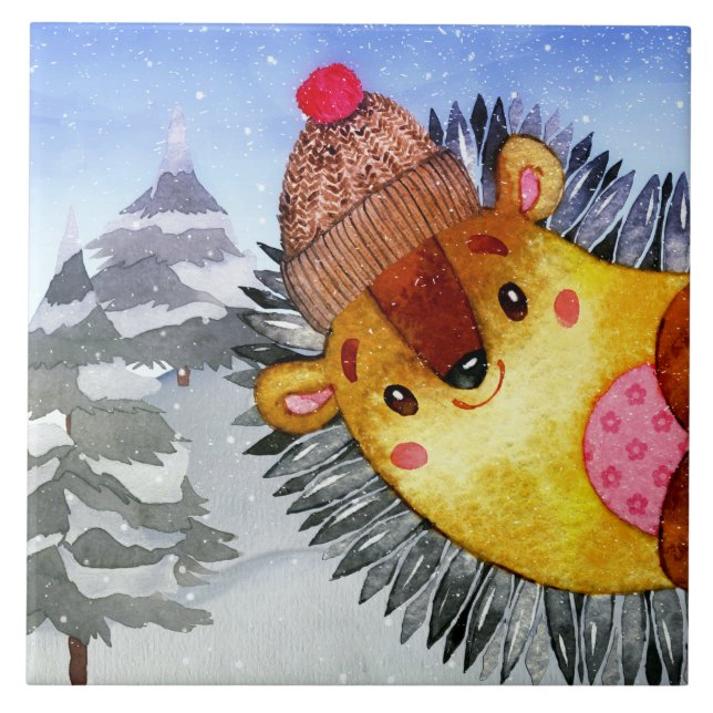 Winter Forest Woodland Friends Hedgehog Teckning Kakelplatta (Framsidan)