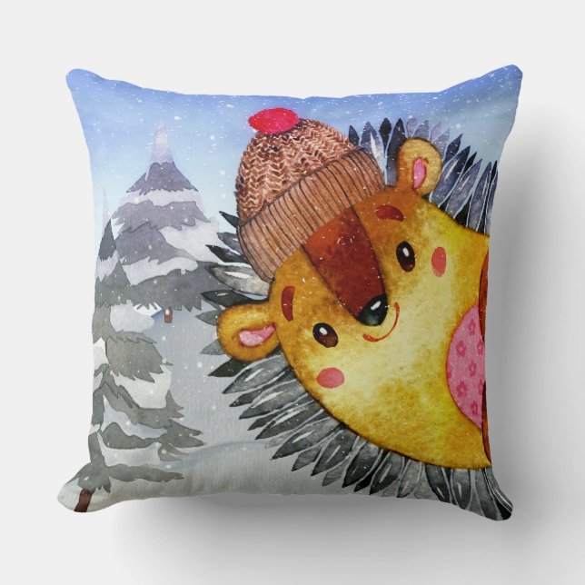 Winter Forest Woodland Friends Hedgehog Teckning Kudde (Framsida)