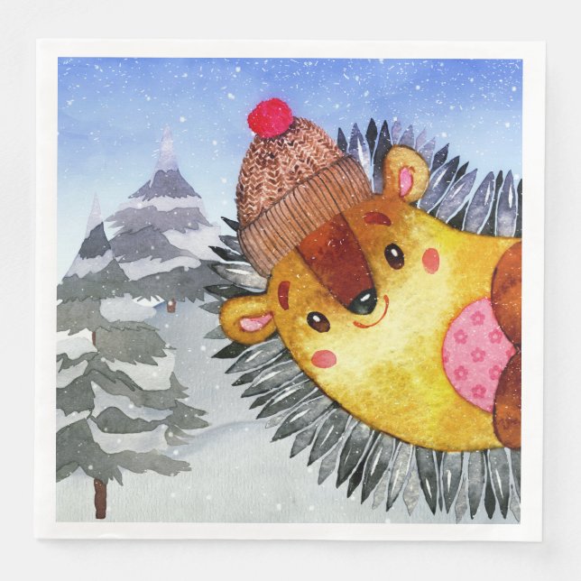 Winter Forest Woodland Friends Hedgehog Teckning Pappersservett (Framsida)