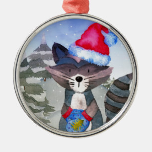 Winter Forest Woodland Friends Racoon Illustration Julgransprydnad Metall