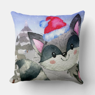 Winter Forest Woodland Friends Racoon Illustration Kudde