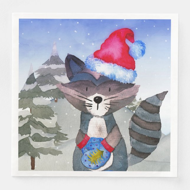 Winter Forest Woodland Friends Racoon Illustration Pappersservett (Framsida)