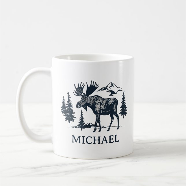 Winter Forest Woodland Moose Personalized   Kaffemugg (Vänster)