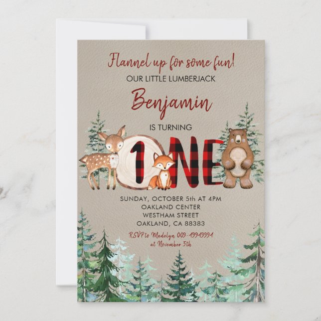 Winter Forest Woodland Red Play First Birthday Inbjudningar (Framsida)