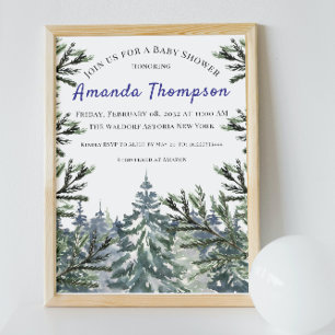 Winter Forest Woodland Träd Watercolor Baby Shower Inbjudningar