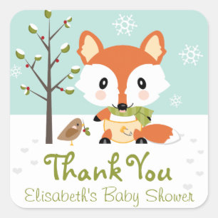 WINTER FOX I DIAPERS BABY SHOWER TACK FYRKANTIGT KLISTERMÄRKE