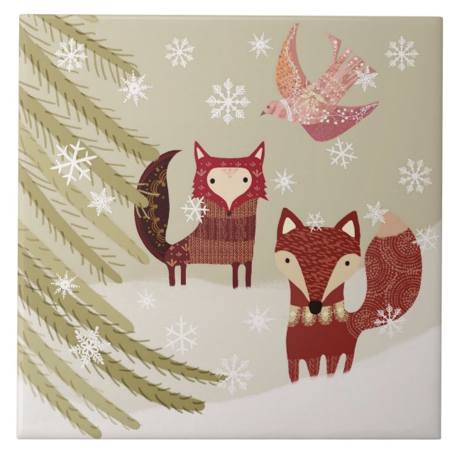 Winter Fox och Dove Ceramic Kitchen Tile Kakelplatta (Framsidan)