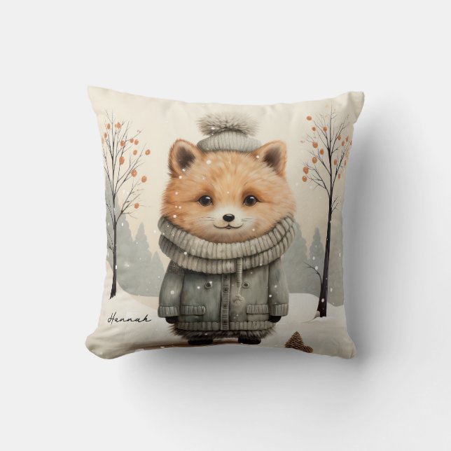 Winter Fox Throw Pillow Customized with Name Kudde (Framsida)