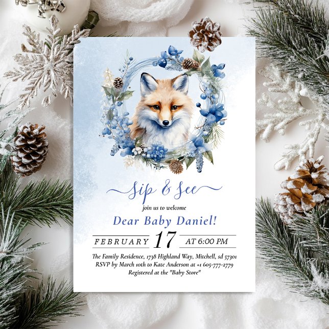 Winter Fox Watercolor Sip och Se inbjudan (Winter Fox Watercolor Sip and See Invitation)