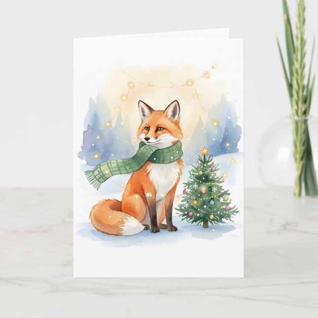 Winter Fox with Green Scarf and Christmas Tree Kort (Framsida)