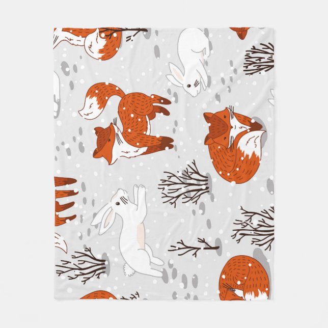 Winter Foxes Bunny Seamless Mönster Fleecefilt (Framsidan)
