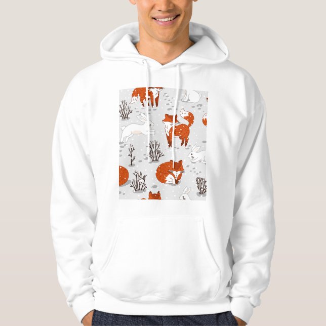Winter Foxes Bunny Seamless Mönster Hoodie (Framsida)