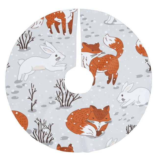 Winter Foxes Bunny Seamless Mönster Julgransmatta Borstad Polyester (Framsidan)