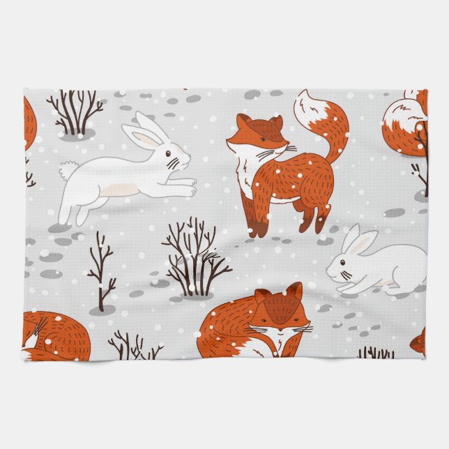 Winter Foxes Bunny Seamless Mönster Kökshandduk (Horisontell)