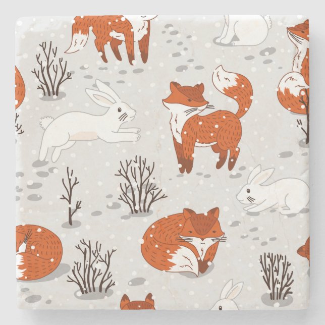 Winter Foxes Bunny Seamless Mönster Stenunderlägg (Framsidan)