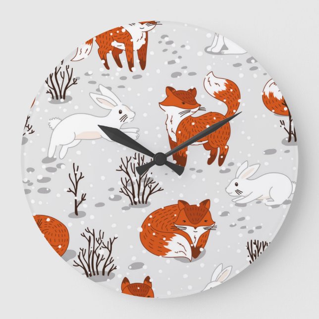 Winter Foxes Bunny Seamless Mönster Stor Klocka (Framsida)