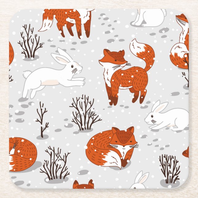 Winter Foxes Bunny Seamless Mönster Underlägg Papper Kvadrat (Framsidan)
