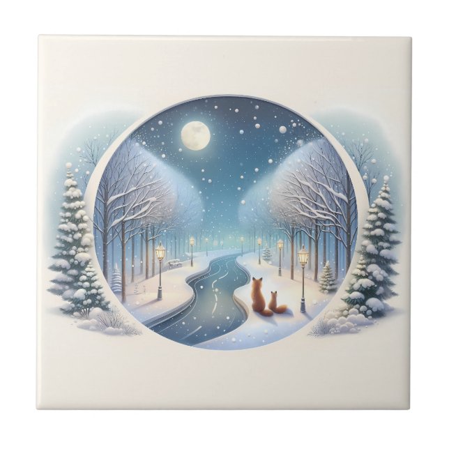 Winter Foxes by Moonlit Snowy River Kakelplatta (Framsidan)
