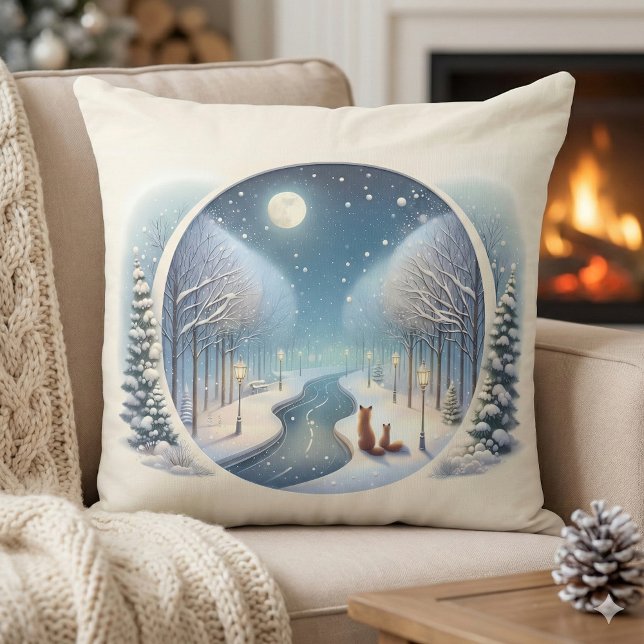 Winter Foxes by Moonlit Snowy River Kudde (Winter Foxes by Moonlit Snowy River Throw Pillow Mockup A)
