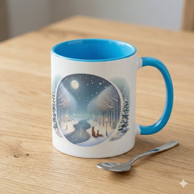 Winter Foxes by Moonlit Snowy River Mugg (Winter Foxes by Moonlit Snowy River Mug)