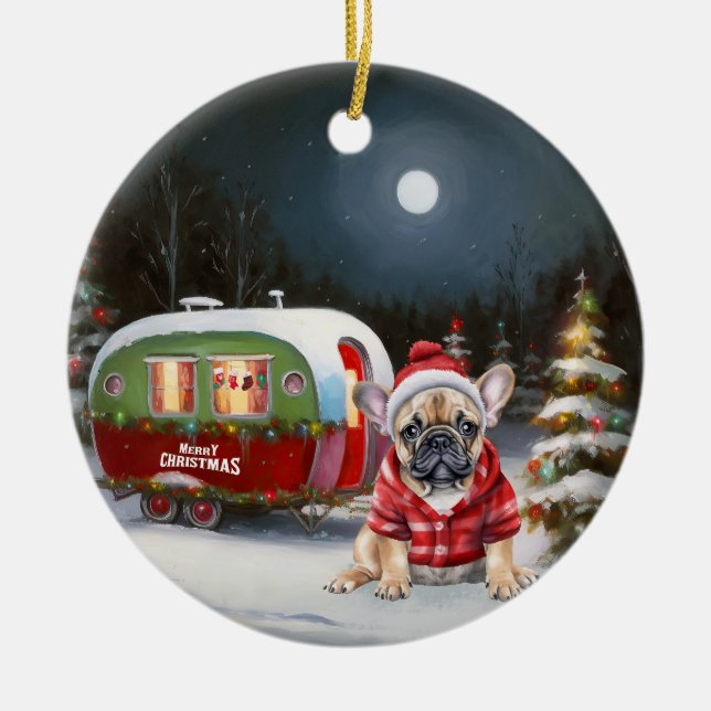 Winter Fransk Bulldog Caravan jul Äventyr Julgransprydnad Keramik (Framsidan)