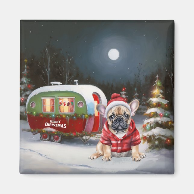 Winter Fransk Bulldog Caravan jul Äventyr Magnet (Framsidan)