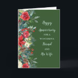 Winter Friend och hans fru på årsdagen Kort<br><div class="desc">Lycklig bröllop-jubileumskort för vän och hans fru med vinterblommor med rustiska vattenfärger i mörk grönt,  och hjärtlig vers.</div>