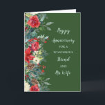 Winter Friend och hans fru på årsdagen Kort<br><div class="desc">Lycklig bröllop-jubileumskort för vän och hans fru med vinterblommor med rustiska vattenfärger i mörk grönt,  och hjärtlig vers.</div>