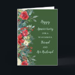 Winter Friend och Hennes Make-årsdag Kort<br><div class="desc">Lycklig bröllop-årskort för vän och hennes make med vinterblommor med rustiska vattenfärger i mörk grönt,  och hjärtlig vers.</div>